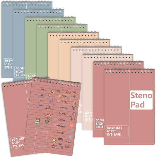 10 Pack 6X9 Pastel Steno Pads Gregg Ruled Spiral Notebook Top Spiral Notepad Colored Steno Pads Pastel Colored Notepads Color Paper 50 Sheets for School College Office(Red Pink Blue Green Flesh)