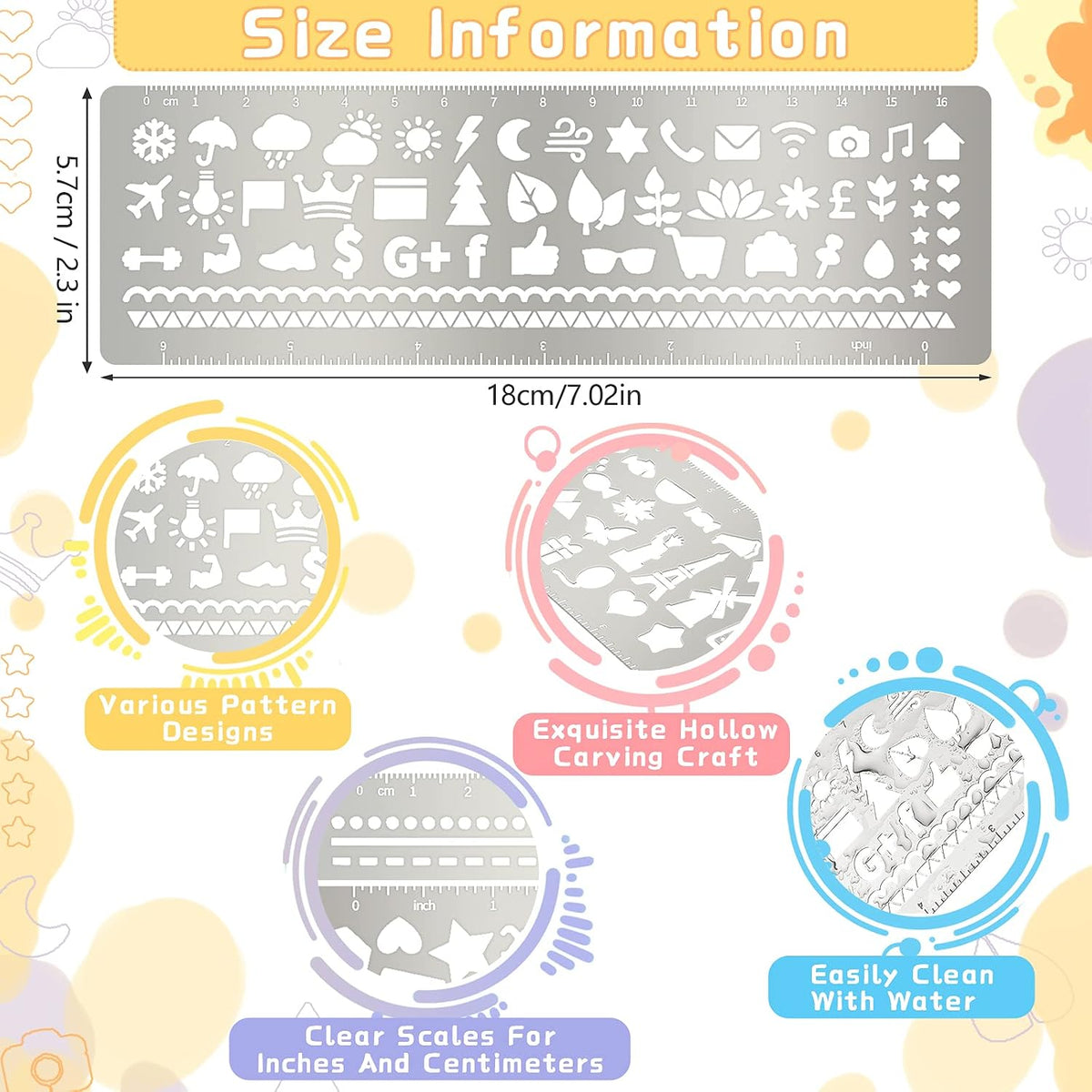 Chinco 4 Pieces Stencils Metal Journal Template 7.1 x 2.3 Inch Bookmark Ruler School Supplies Stainless Steel Stencils Set for DIY, Engraving, Painting, Scrapbooking(Geometry Style)