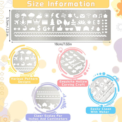 Chinco 4 Pieces Stencils Metal Journal Template 7.1 x 2.3 Inch Bookmark Ruler School Supplies Stainless Steel Stencils Set for DIY, Engraving, Painting, Scrapbooking(Geometry Style)