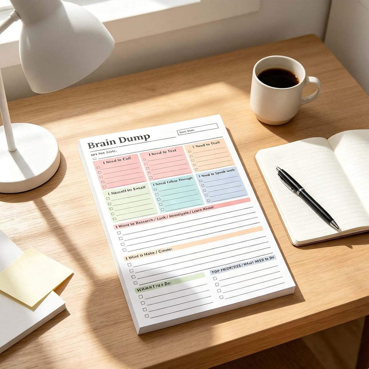 50 Page Brain Dump Notepad, To Do List Notepad with Multiple Functional Sections, A5 Daily Planning Management Manual, Minimal Planning Tool