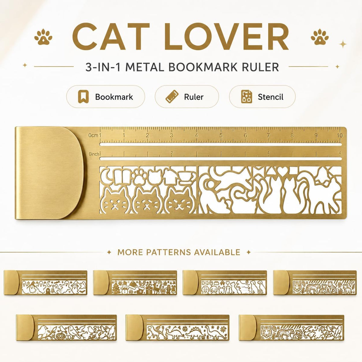 Cute Hollow Cat 3-in-1 Metal Bookmark Ruler Multifunctional Template Tool，C