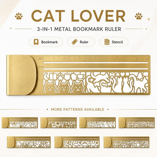 Cute Hollow Cat 3-in-1 Metal Bookmark Ruler Multifunctional Template Tool，C