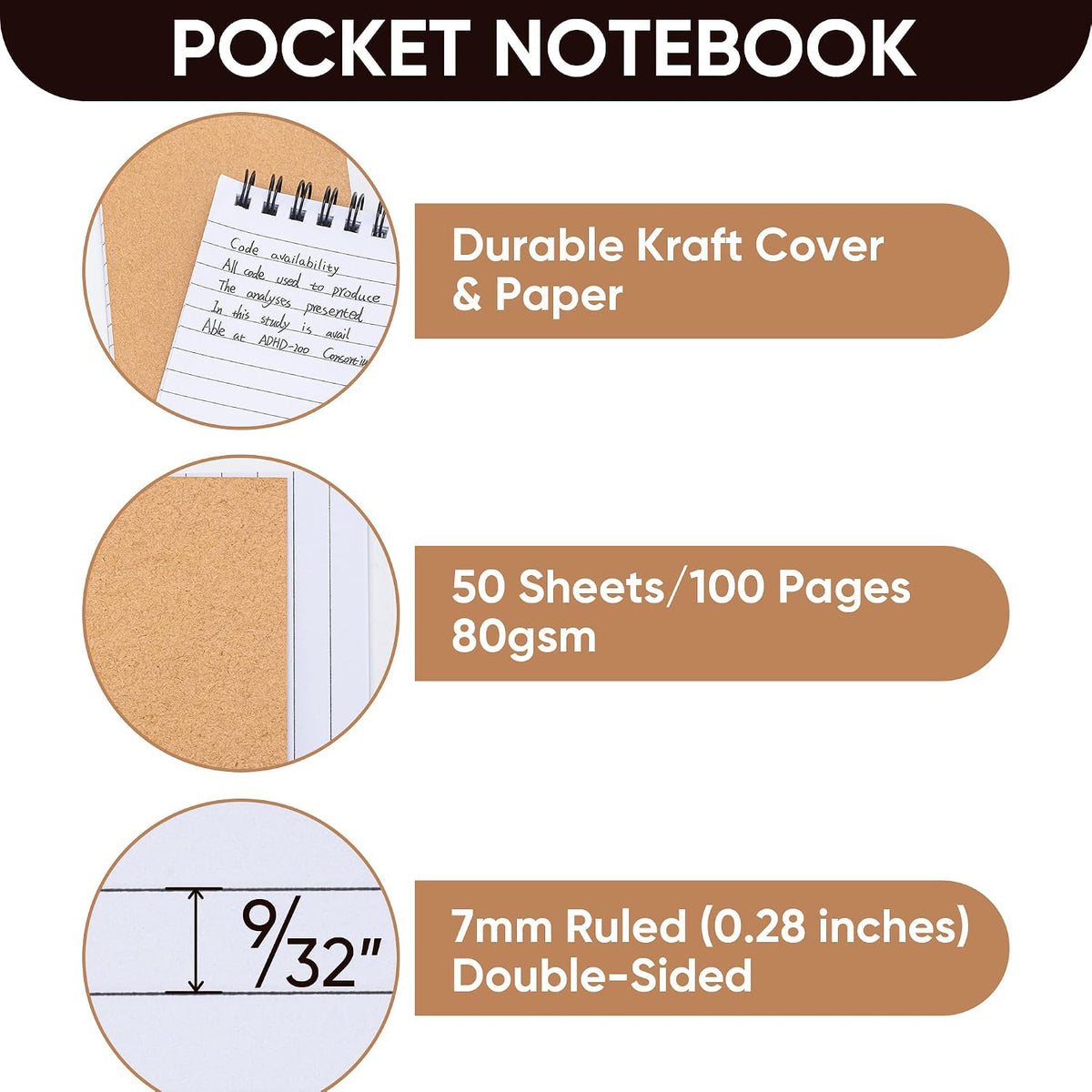 deli Kraft Pocket Notebooks Set of 24, 3x5 Small Spiral Notebooks 80gsm Thick Paper No Bleed, 360° Lies Flat Mini Notepads, 100 Pages Lined Journal for Work School Home Office - Vintage Brown