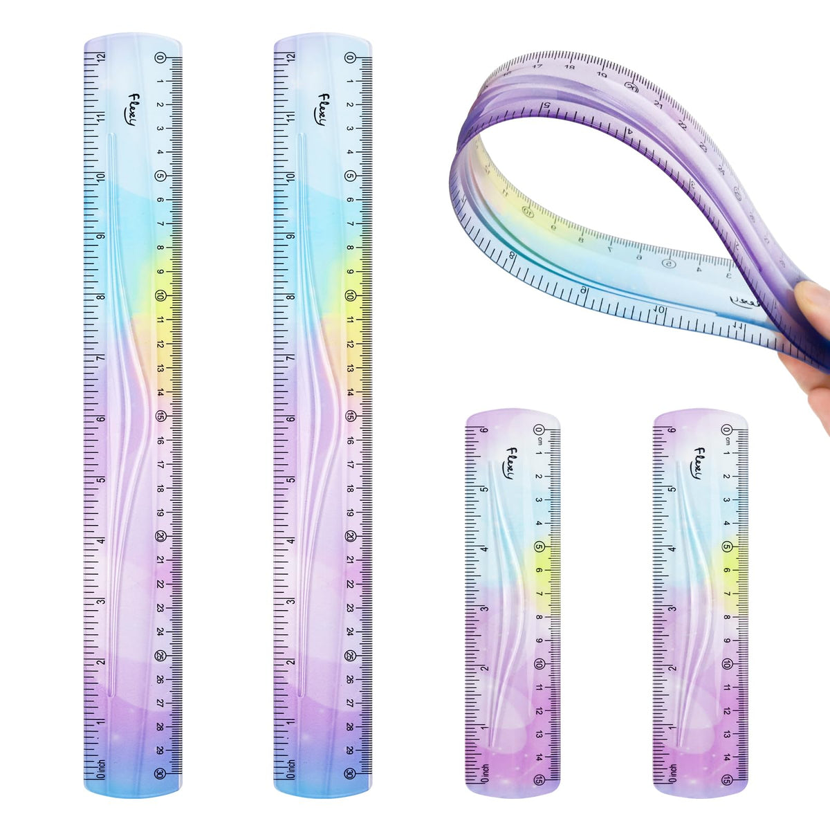 12 Inch & 6 Inch Flexible Ruler, Bendable Plastic Ruler, Soft Bendable Gradient Color Rulers with Centimeters and Inches for Student School Classroom Office Supplies