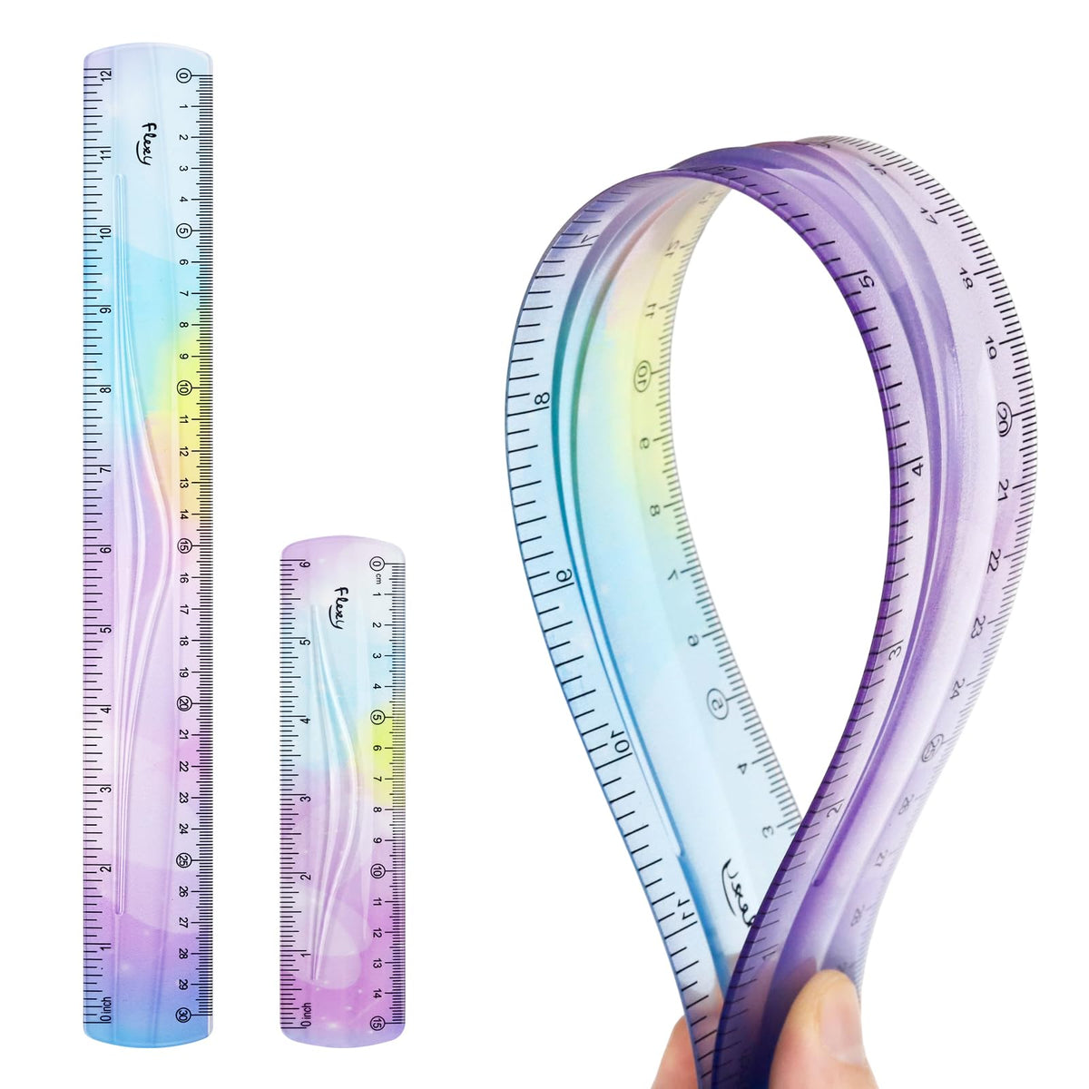 12 Inch & 6 Inch Flexible Ruler, Bendable Plastic Ruler, Soft Bendable Gradient Color Rulers with Centimeters and Inches for Student School Classroom Office Supplies
