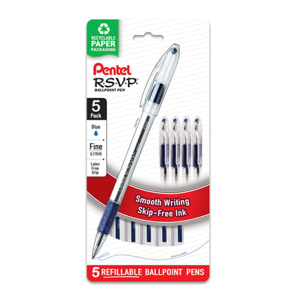 Pentel RSVP Ballpoint Pen, (0.7mm), Fine Line, Black Ink, Pack of 5 (BK90PF5A)