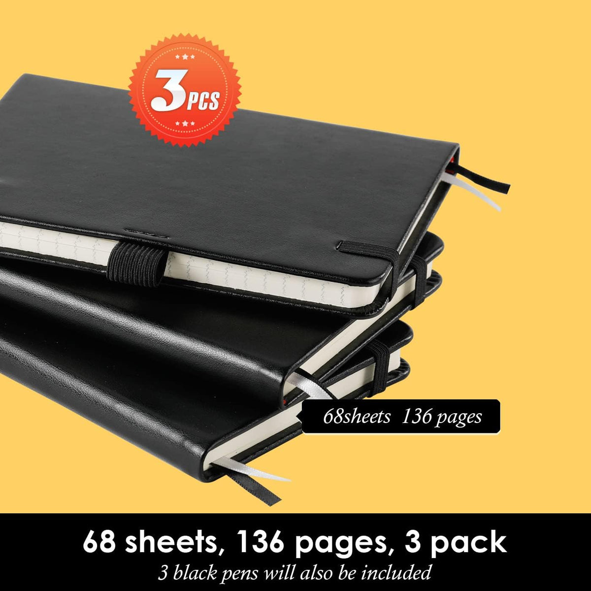 Small Notebook Pocket Journal, A6 3.7" x 5.7", 3 Pack, Black Leather Cover
