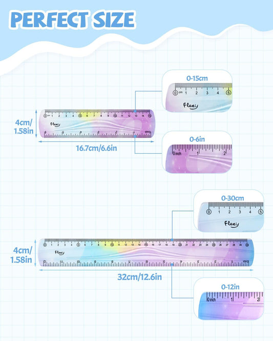 12 Inch & 6 Inch Flexible Ruler, Bendable Plastic Ruler, Soft Bendable Gradient Color Rulers with Centimeters and Inches for Student School Classroom Office Supplies