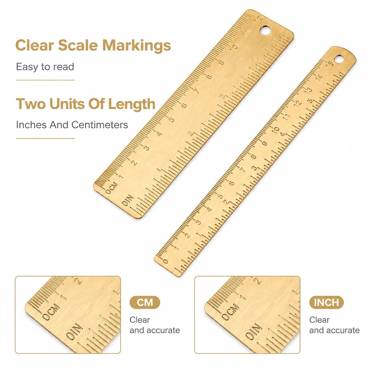 2 Pack 5 & 6 Inch Dual Scale Brass Ruler Set with Hanging Hole