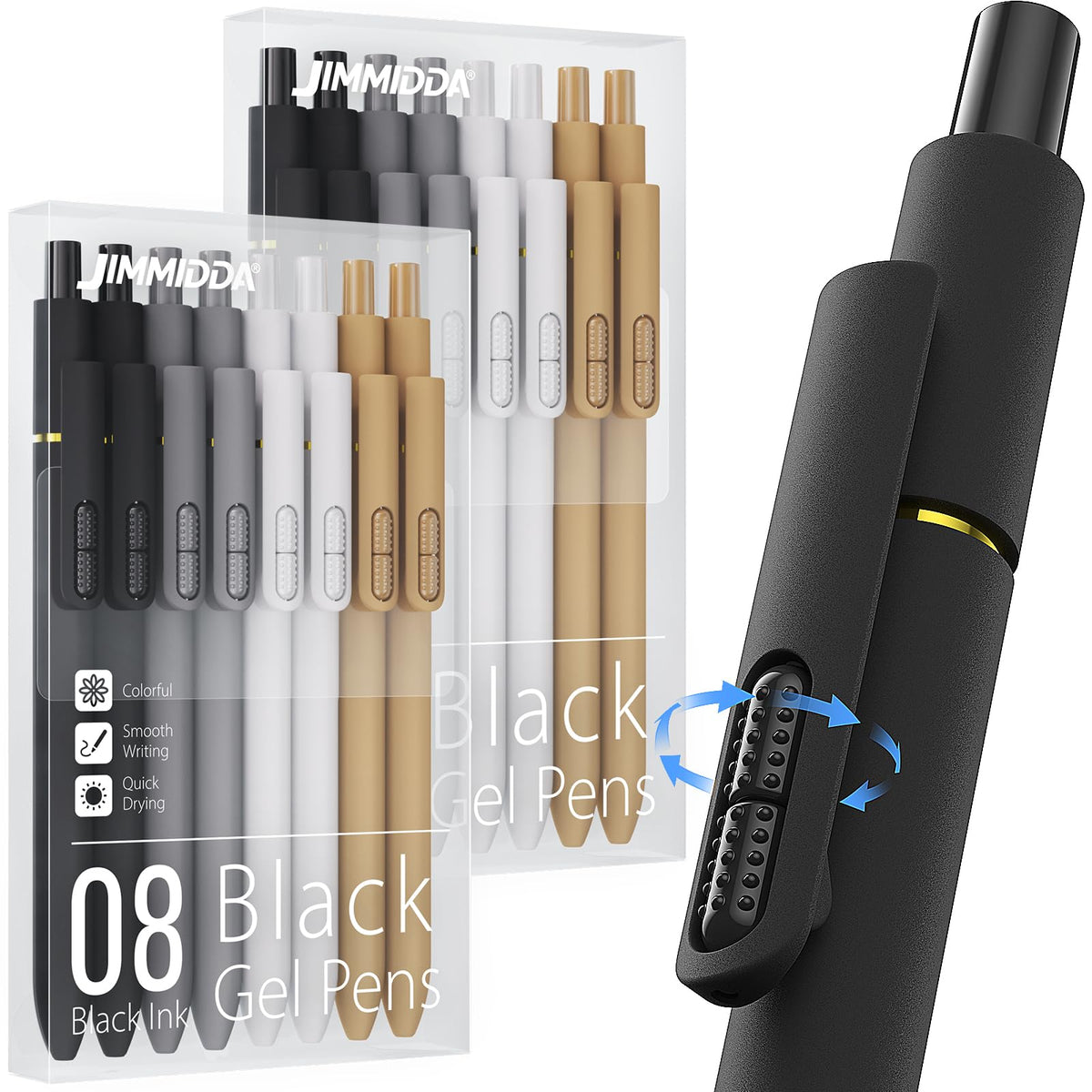 8 Pack Gel Pens, Black Ink Quick-Drying No Smudge with Fidget