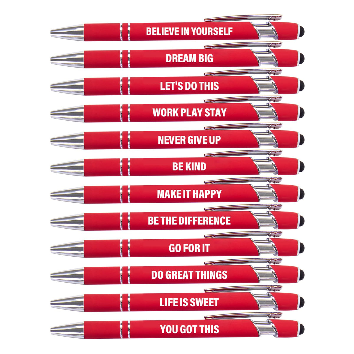 Actsun Funny Pens - 12 Pack Fine Point Smooth Writing Pens with Inspirational Tips, Black Ink, Touch Stylus Screens, Motivational Gift for Office & Desk Accessories