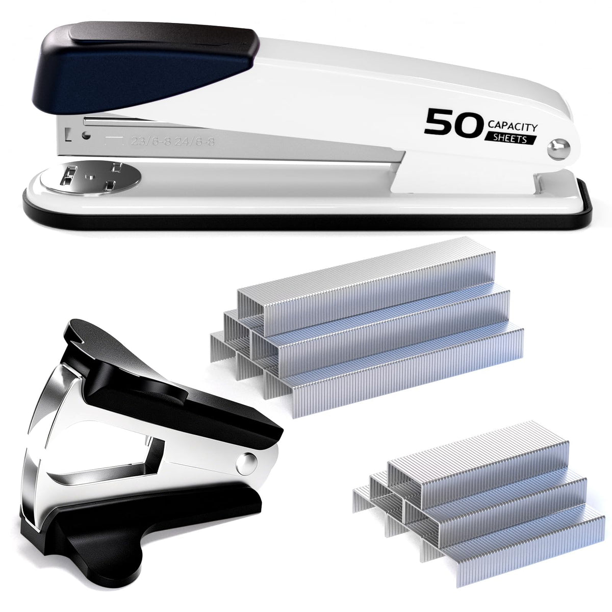Metal Stapler Heavy Duty - 50 Sheet Capacity with 2000 Pieces 1/4", 5/16" Staples and Staple Remover, No Jam, Non-Slip, Stapler Heavy Duty for Desk, Classroom and Office, Black