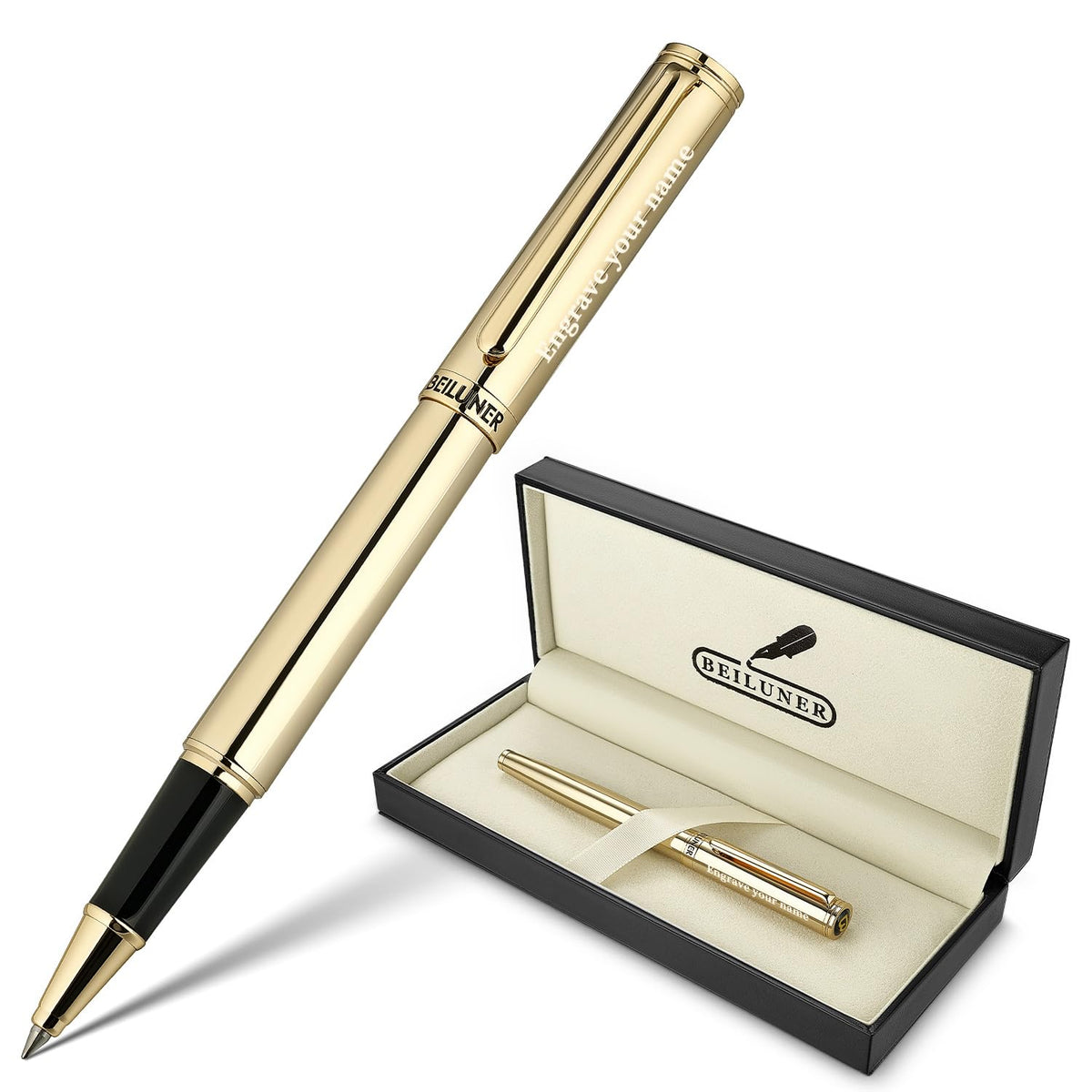 BEILUNER Luxury Rollerball Pen, Stunning Silver Chrome with 24K Gold Finish,Noble and Elegant Designs,Schneider Ink Refill, Best Gift Pen for Men & Women, Professional, Executive Office, Fancy Pens