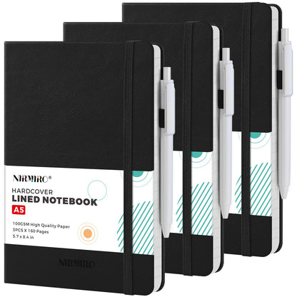 Small Notebook Pocket Journal, A6 3.7" x 5.7", 3 Pack, Black Leather Cover