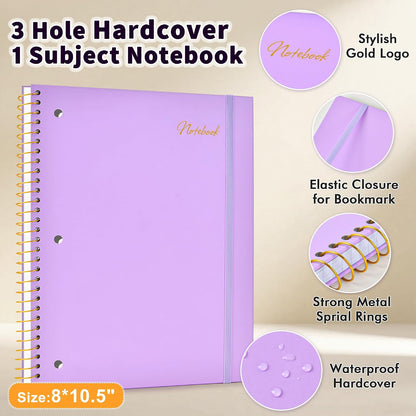 Spiral Notebook College Ruled Paper 8" x 10-1/2", 1 Subject Spiral Notebook 80GSM Paper, 3-Hole Punched Perforated Pages Ideal for School, Office, Writing, 75 Sheets Lined Journaling Notebook, Purple
