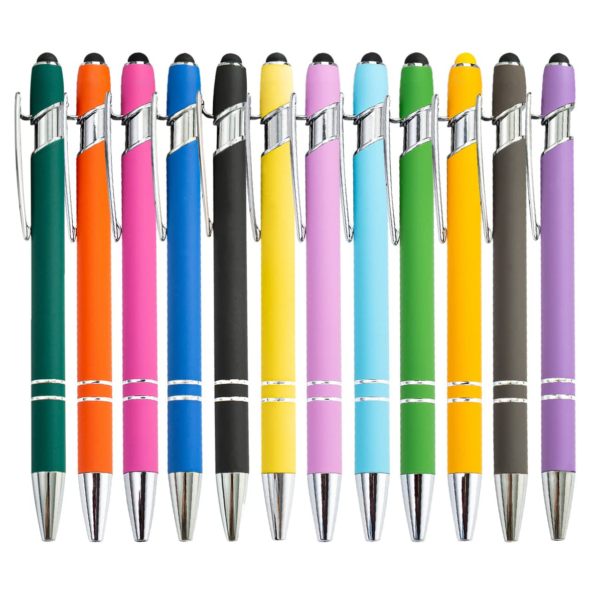 PASISIBICK 12-Piece Black Ballpoint Pen with Stylus Tip, 2 in 1 Stylish Metal Touch Screen Pen - Black Ink, 1.0 mm Medium Point - 5.5 x 0.4 inch / 14 x 1 cm