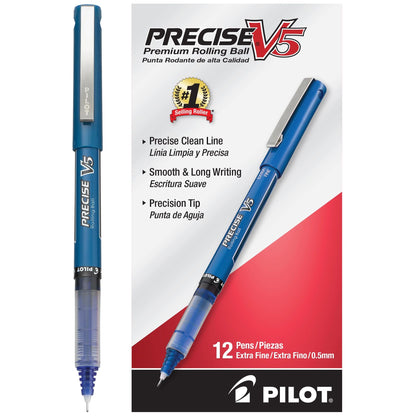 PILOT Precise V5, Extra Fine Point 0.5 mm Black Pens, Black, Pack of 12