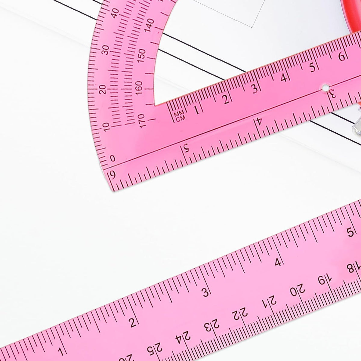 2 Pack Protractor and Ruler Set, Plastic 12 Inch Ruler and 6 Inch Protractor, Pink Clear Math Geometry Supplies for School Classroom Home Office Drawing