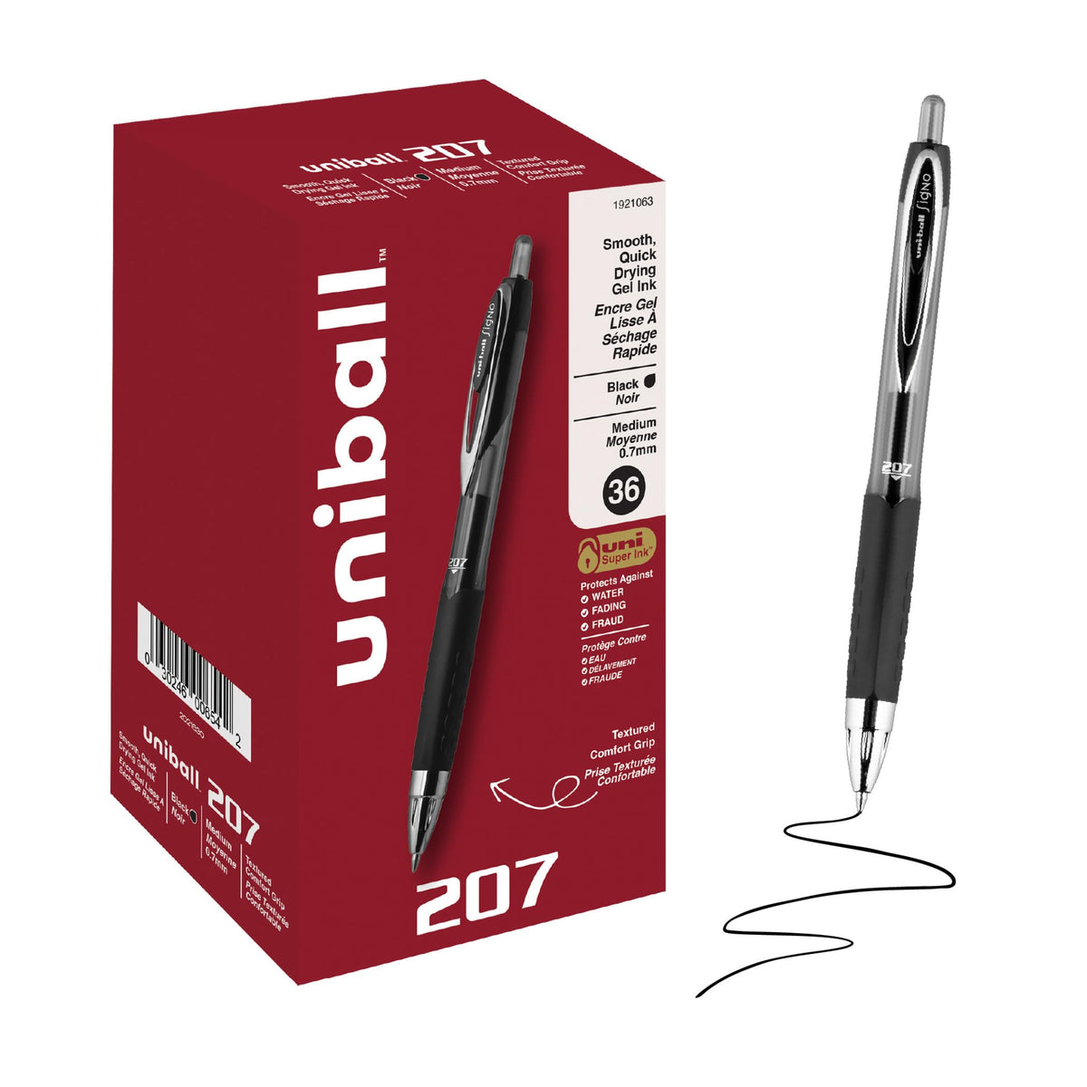 uniball™ 207 Gel Pens, Black Ink, 0.7mm Medium Point, Retractable, 12 Count