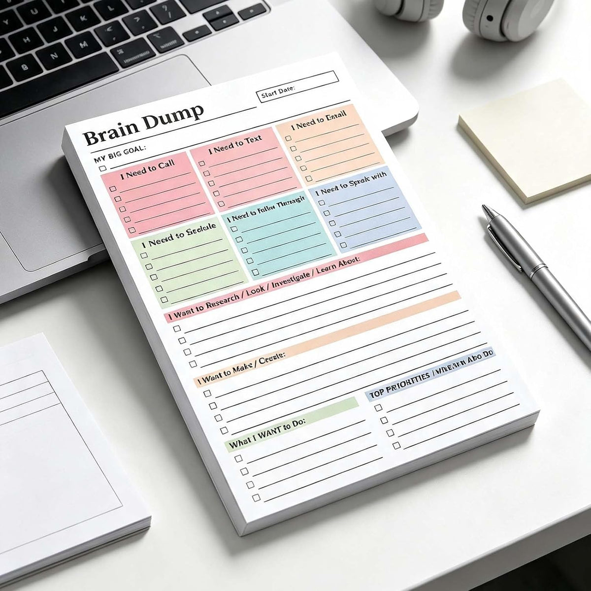 50 Page Brain Dump Notepad, To Do List Notepad with Multiple Functional Sections, A5 Daily Planning Management Manual, Minimal Planning Tool