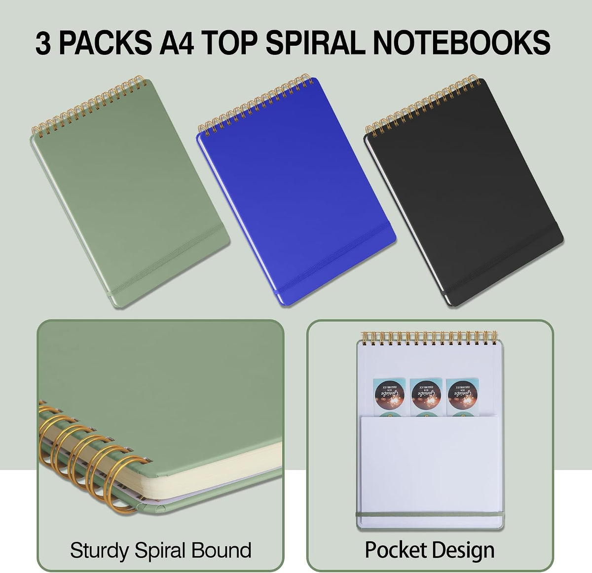Thick Superhard Cover,Top Spiral Notebook 8.5x11,Top Bound Spiral Notebook,3 Pack,Lined Notepad,3x160 Pages, College Ruled,100GSM