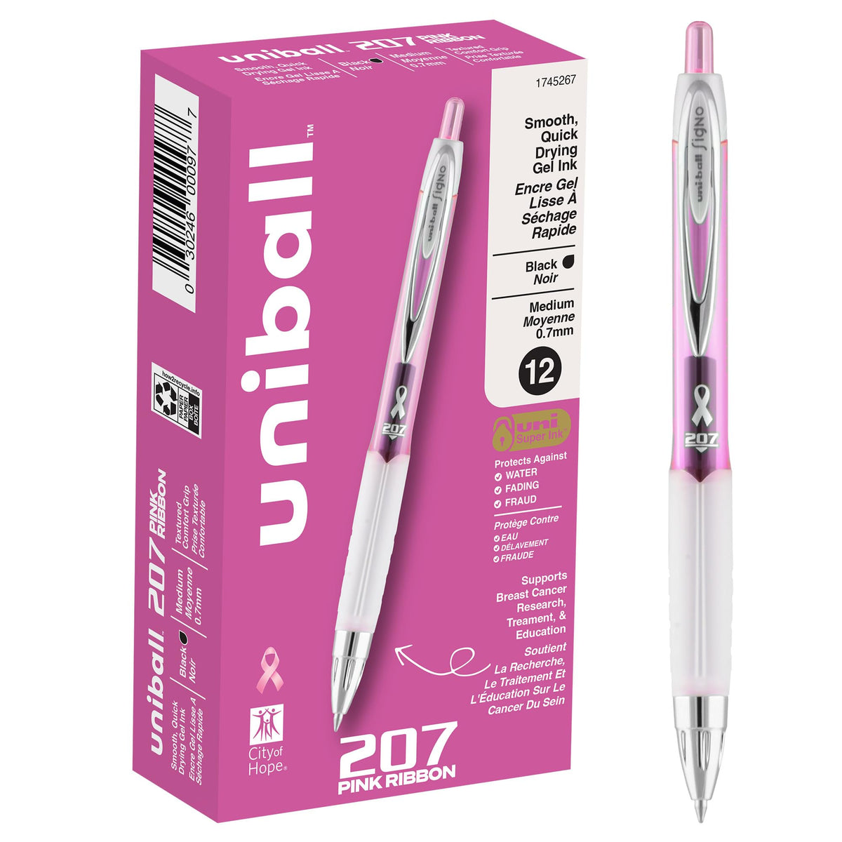 uniball™ 207 Gel Pens, Black Ink, 0.7mm Medium Point, Retractable, 12 Count