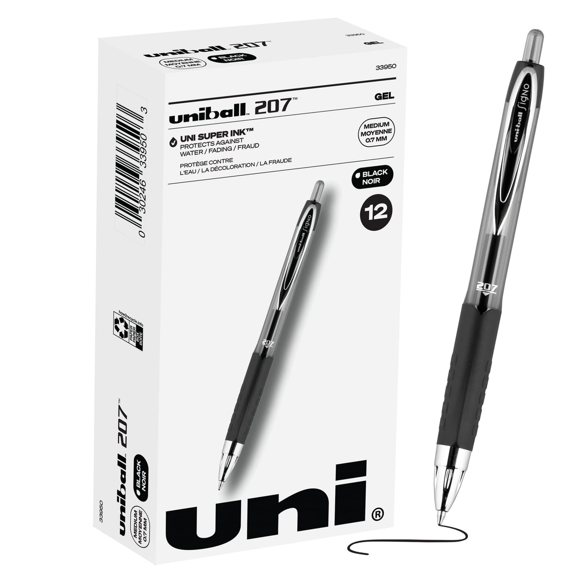 uniball™ 207 Gel Pens, Black Ink, 0.7mm Medium Point, Retractable, 12 Count