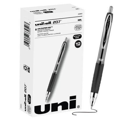 uniball™ 207 Gel Pens, Black Ink, 0.7mm Medium Point, Retractable, 12 Count