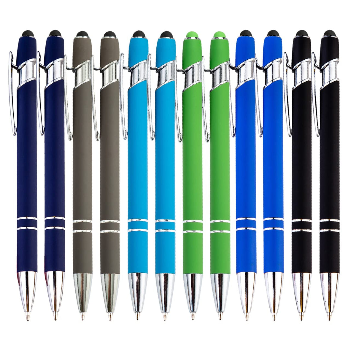 PASISIBICK 12-Piece Black Ballpoint Pen with Stylus Tip, 2 in 1 Stylish Metal Touch Screen Pen - Black Ink, 1.0 mm Medium Point - 5.5 x 0.4 inch / 14 x 1 cm