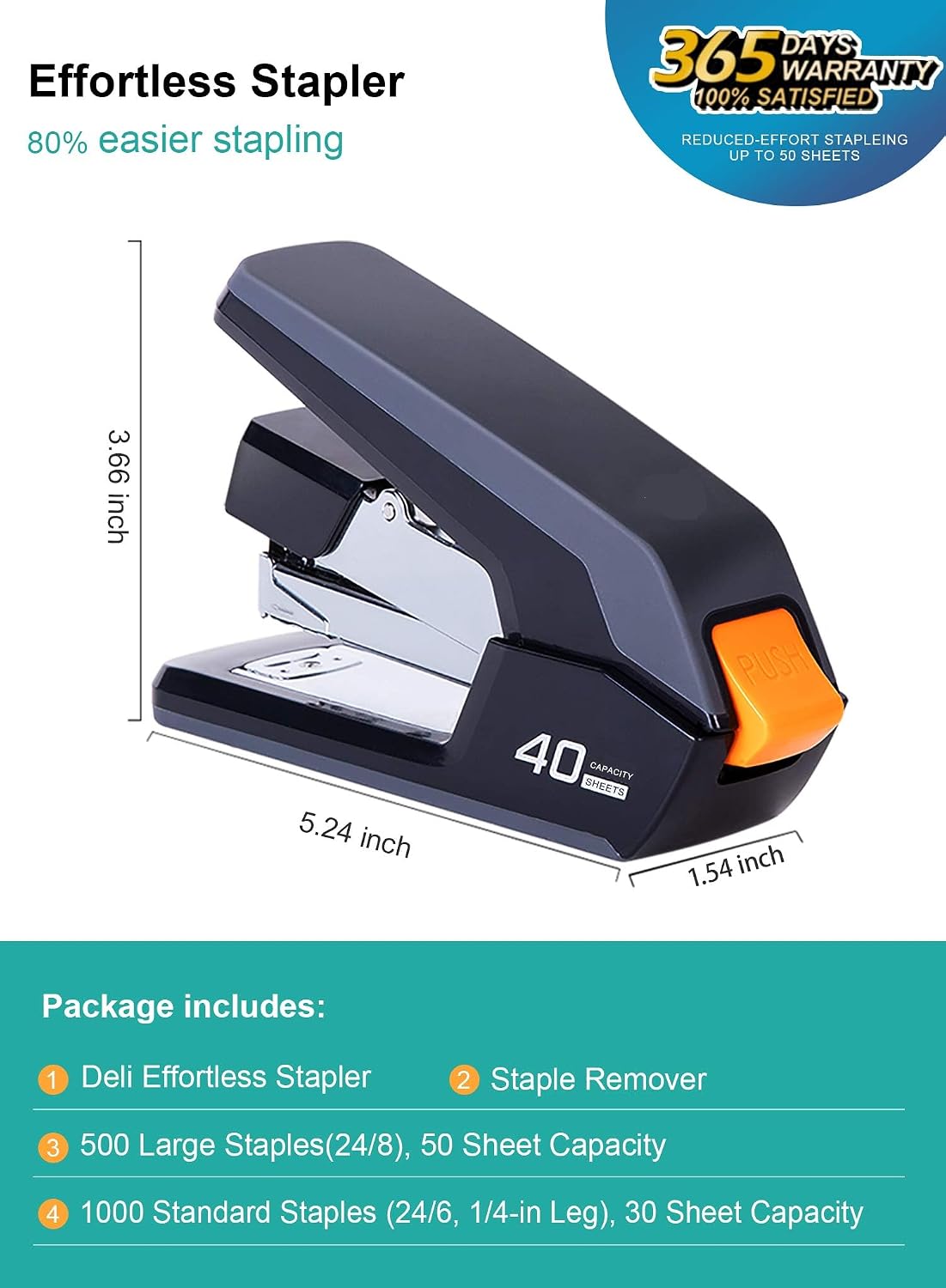 Leven Effortless Desktop Stapler, 40 Sheet Capacity, One Finger Stapling