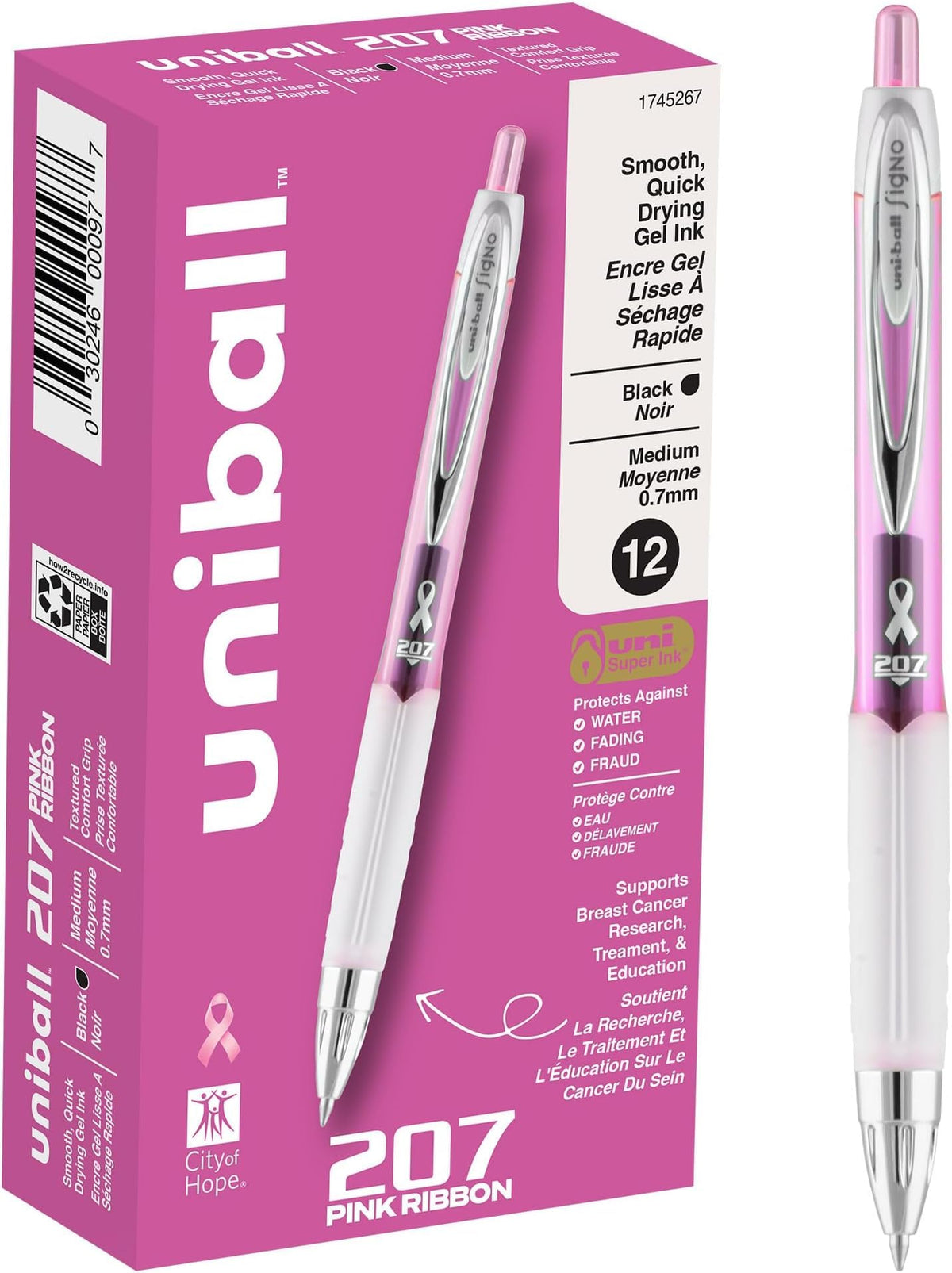uniball™ 207 Gel Pens, Black Ink, 0.7mm Medium Point, Retractable, 12 Count