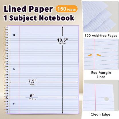 Spiral Notebook College Ruled Paper 8" x 10-1/2", 1 Subject Spiral Notebook 80GSM Paper, 3-Hole Punched Perforated Pages Ideal for School, Office, Writing, 75 Sheets Lined Journaling Notebook, Purple