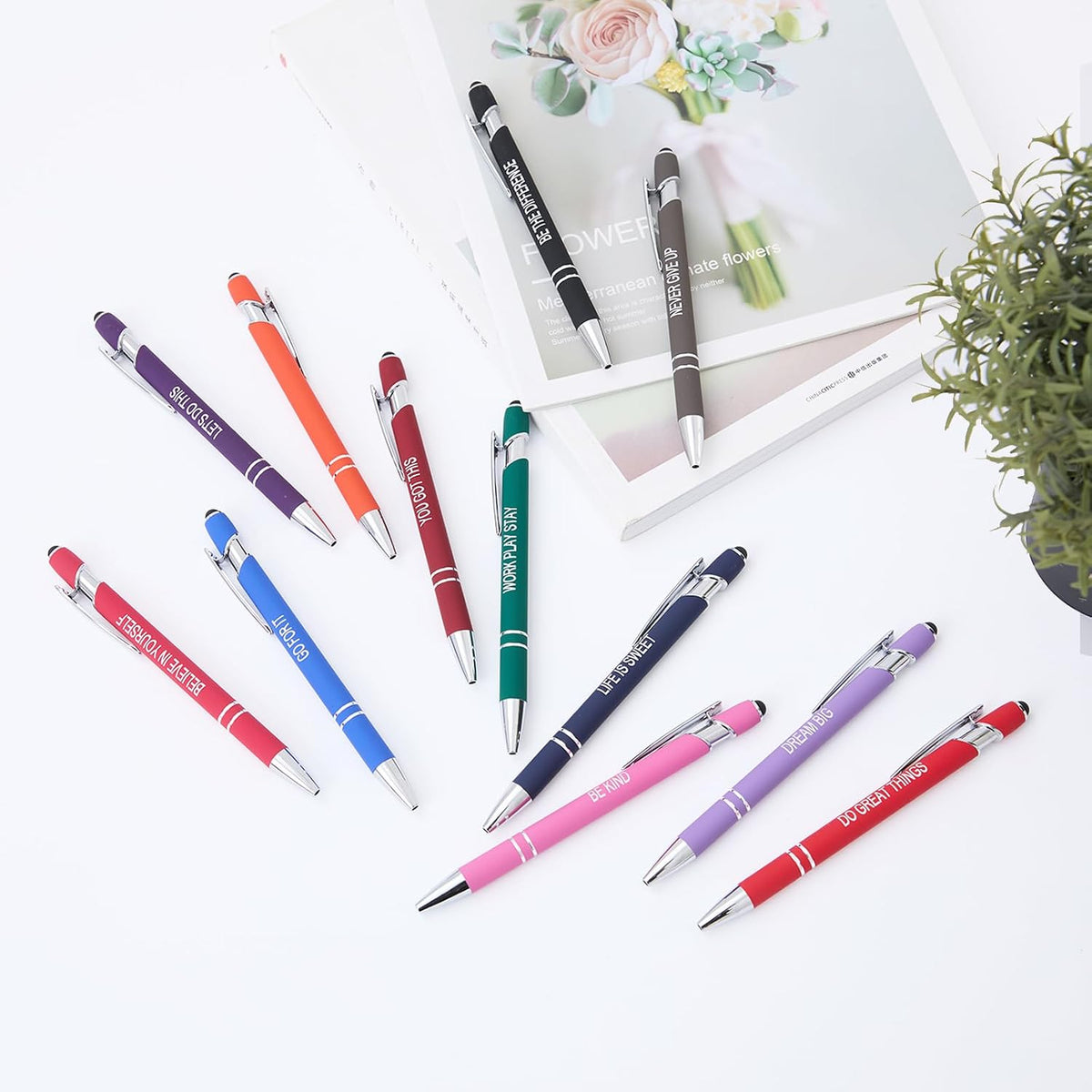 Actsun Funny Pens - 12 Pack Fine Point Smooth Writing Pens with Inspirational Tips, Black Ink, Touch Stylus Screens, Motivational Gift for Office & Desk Accessories