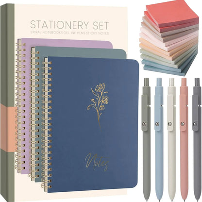 Cute Spiral Notebook Set For Women, Bible Journal Set, 3 Pack A5 Spiral Notebook + 5 PCS Gel Pens + 600 Sticky Notes + Gift Box, Aesthetic Gift Set for Work Students School Office Supplies,back to school,back to school haul