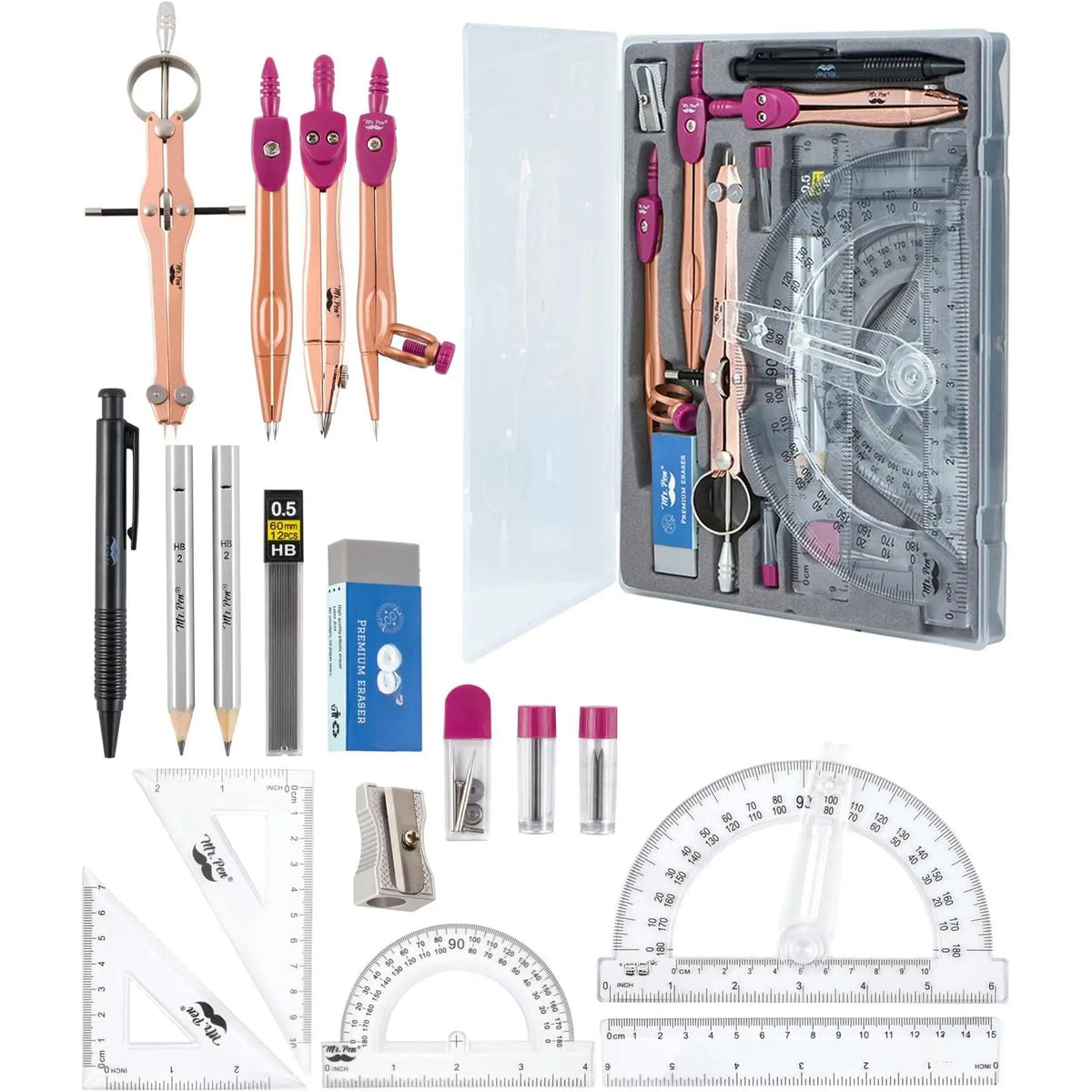 - Geometry Set, 15 count Set with 6 Inch Swing Arm Protractor | IncludesMetal Divider, Set Squares, Ruler, Compasses for Math for Drafting & School Supplies