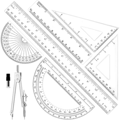 7 count Geometry Set-Clear Plastic Rulers,Triangle Ruler,Protractor,Compass | 12Inch & 6Inch Ruler Set for School Office Math Drawing Drafting Engineering Architecture Art