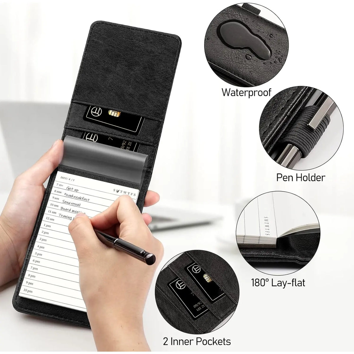 10 count Notepad Holder Set Pocket Notebook - Included Mini Pocket Notepad Holder Set with 8 Memo Book Refills and Metal Pen for Meetings, Daily Records, and Notes 3 x 5 Inch (Brown)