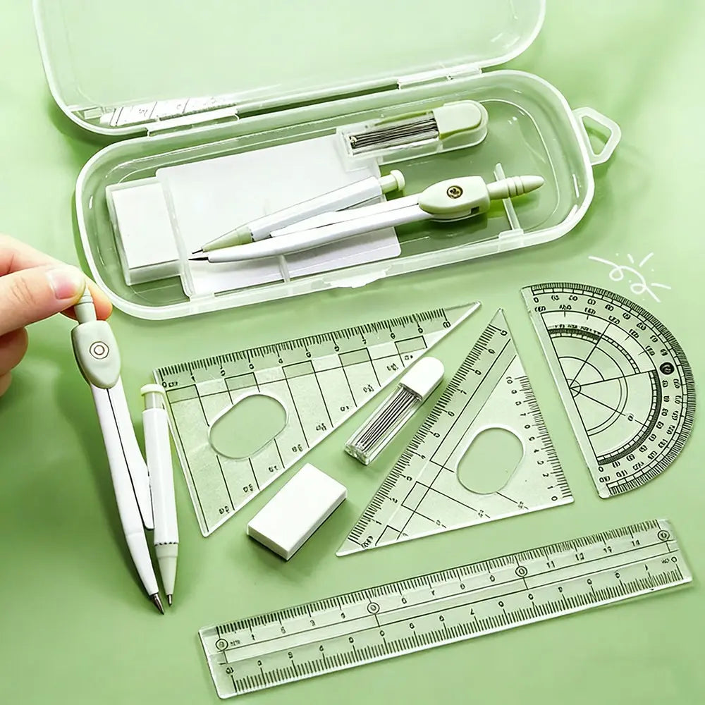 7pcs Compass Ruler Set for Elementary and Middle School Students, Exam Essential Tools, Includes Protractor Straightedge Triangle Board