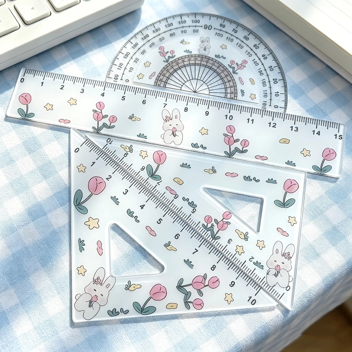 4/8pcs Cute Rabbit Tulip Pattern Ruler Set, 1 Set Ruler, Testing Drawing 4pcs Set Ruler, Ruler And Triangle, Cute Rabbit Tulip Ruler Stationery