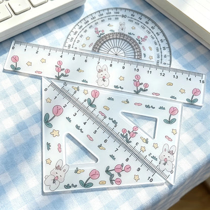 4/8pcs Cute Rabbit Tulip Pattern Ruler Set, 1 Set Ruler, Testing Drawing 4pcs Set Ruler, Ruler And Triangle, Cute Rabbit Tulip Ruler Stationery