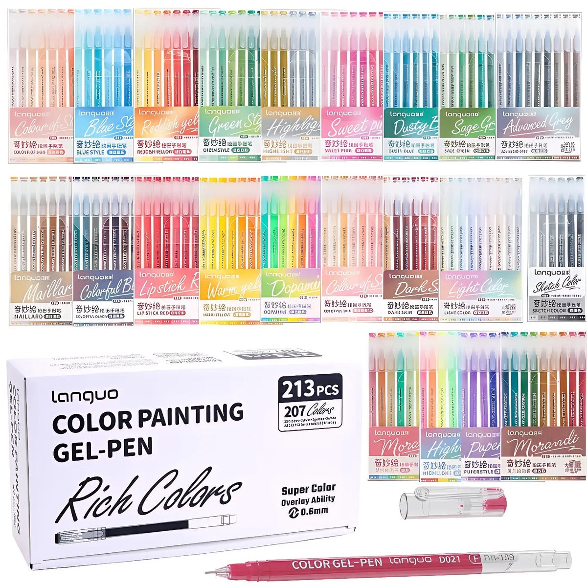 Languo 162/213pcs Gel Pen Set, Pens Set, 0.6mm Tip, Rich Colors, Smooth Writing, Large Ink Capacity, Multifunctional for Office, Art, DIY, Scrapbooking