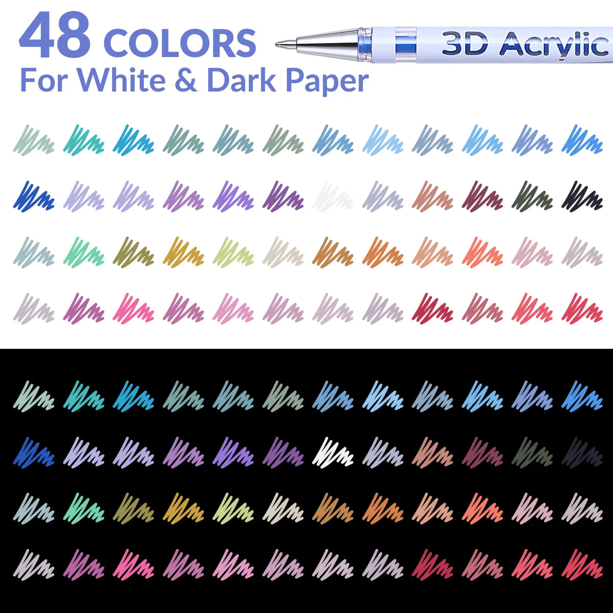KEMYR 3D Acrylic Gel Pens, 12/24/36/48 Bold Vibrant Ink Colors, 1mm Bullet Tip, Smooth Writing, for Dark Black Paper, Doodle Art, Greeting Card Crafting, Sketchbook Ideas, Fabric, Leather, Office Art Supplies