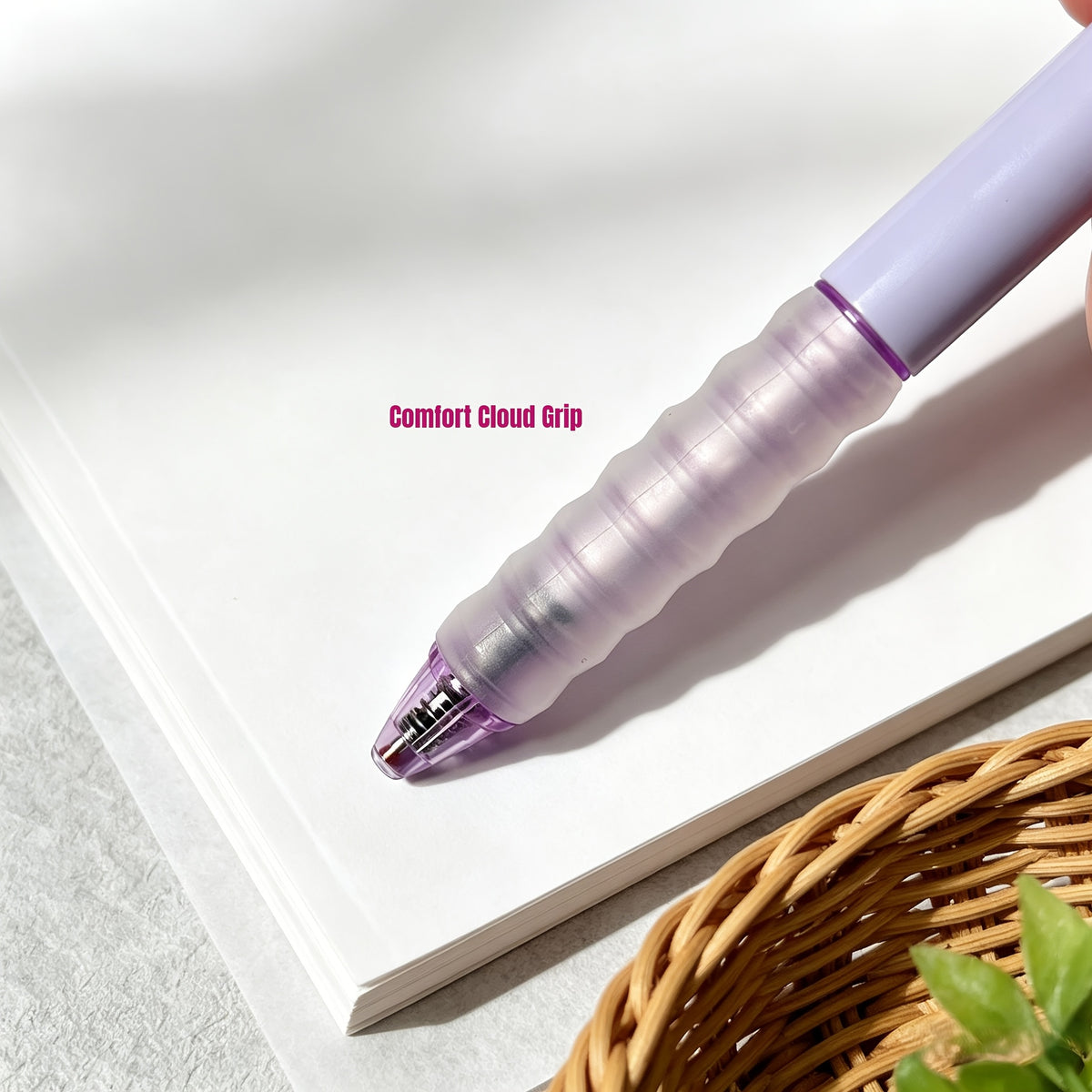 4pcs Set: 2 Pens + 2 Refills in Random Macaron Colors, Cloud-Grip Comfortable Erasable Gel Pens. Retractable Click Mechanism with Blue/Black Ink, Easy to Erase Mistakes, Includes Built-in Eraser. Cloud-Grip Design for Comfortable, Fatigue-Free