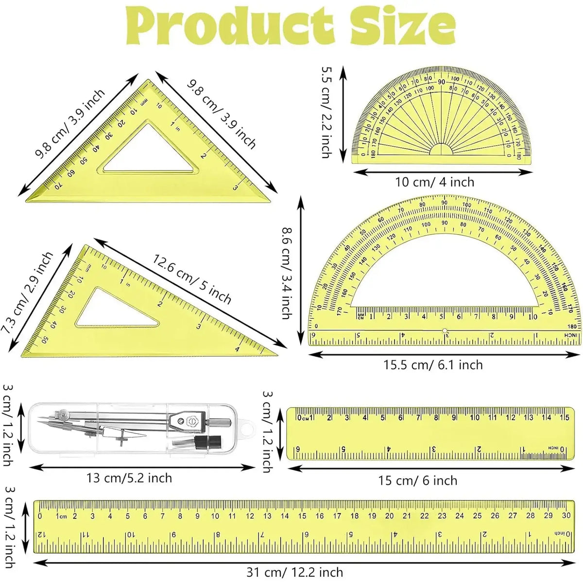 Transparent Yellow Plastic Geometry Math Set for Office Supplies, Artists & Designers – Drawing Compass, 12in/6in Rulers, 6in/4in Protractors, 45°/60° Triangle Rulers, Hollow Design for Enhanced Visibility, 1 Set
