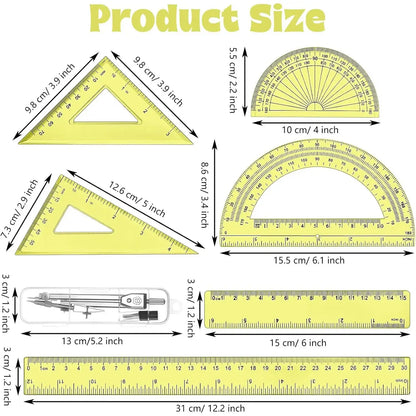 Transparent Yellow Plastic Geometry Math Set for Office Supplies, Artists & Designers – Drawing Compass, 12in/6in Rulers, 6in/4in Protractors, 45°/60° Triangle Rulers, Hollow Design for Enhanced Visibility, 1 Set