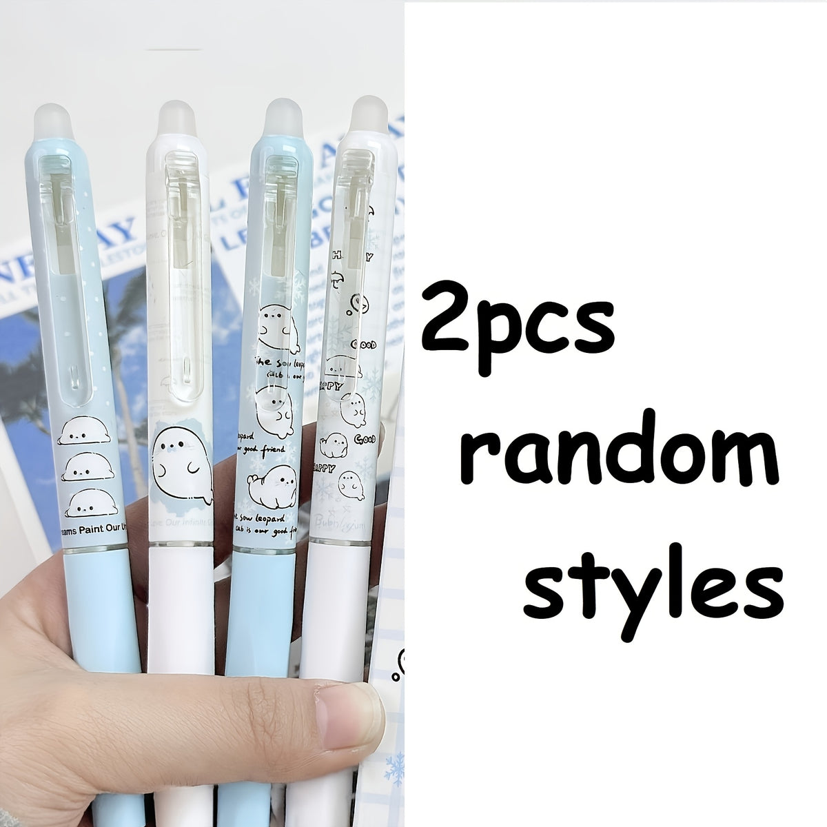 2/3pcs Random Cute Little Seal Pattern Erasable Pen, Side-Press High-Value Click Pen, 0.5mm Gel Pen, Suitable for Office and Study - Pcs