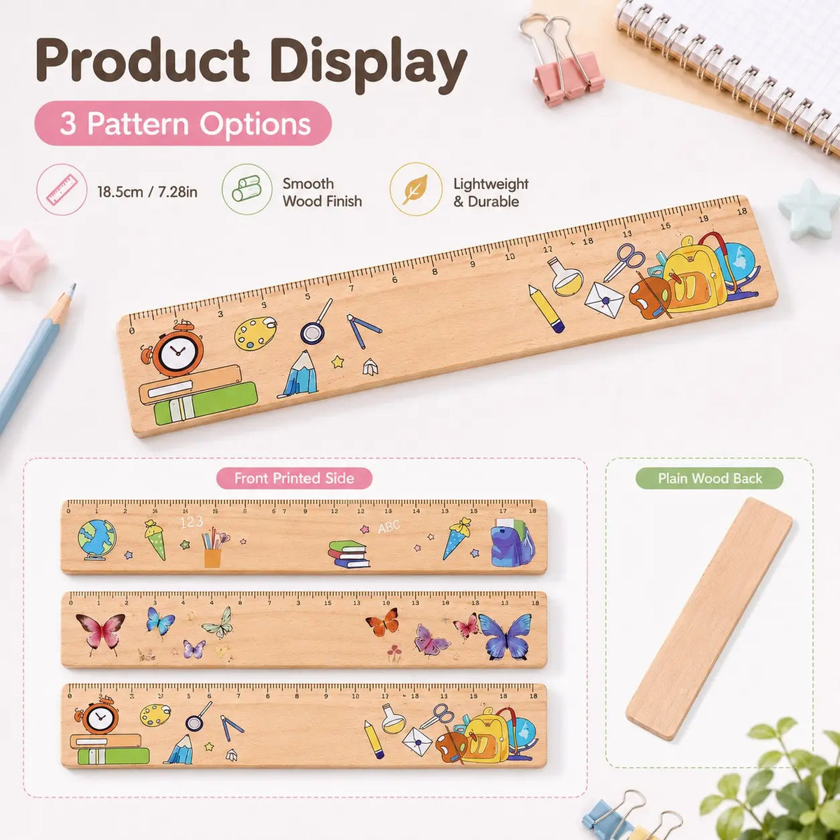 18cm Wooden Ruler with Colorful Printed Designs, Straight Measuring Tool, Measuring Instrument with Butterfly and School Supply Patterns, Portable Metric Ruler for Students, Classroom, Office, Drawing, Study, Back to School and Stationery Gifts
