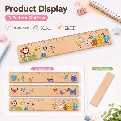 18cm Wooden Ruler with Colorful Printed Designs, Straight Measuring Tool, Measuring Instrument with Butterfly and School Supply Patterns, Portable Metric Ruler for Students, Classroom, Office, Drawing, Study, Back to School and Stationery Gifts