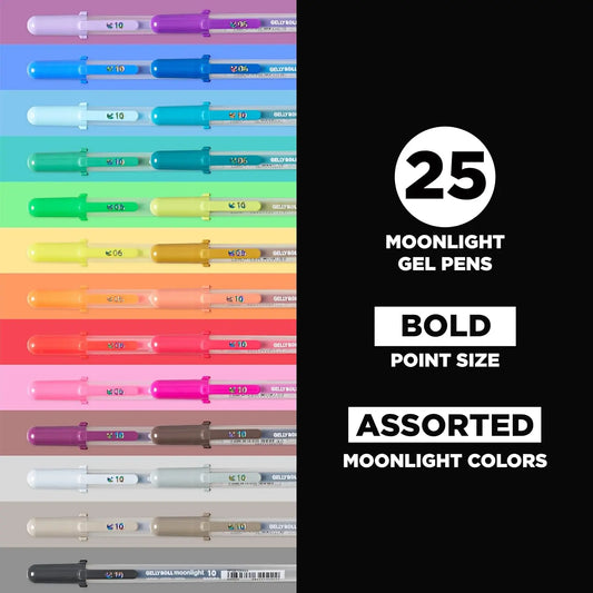 Sakura Gelly Roll Moonlight 25-Pack Bold Size 10 Colored Gel Pens - Smooth Flow Art Materials, Pens for Journaling, Office Stationery with Shades of Gray, Vivid Colors for Artists' Creative Projects
