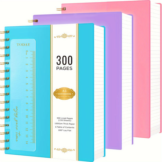 3 Pack Spiral Notebook Journal, A5 Hardcover Notebook with 300 Pages Paper, College Ruled Notebook with Ruler, PVC Cover Notepad for Women, 100GSM Thick Paper, 5.7" X 8.4", School Supplies